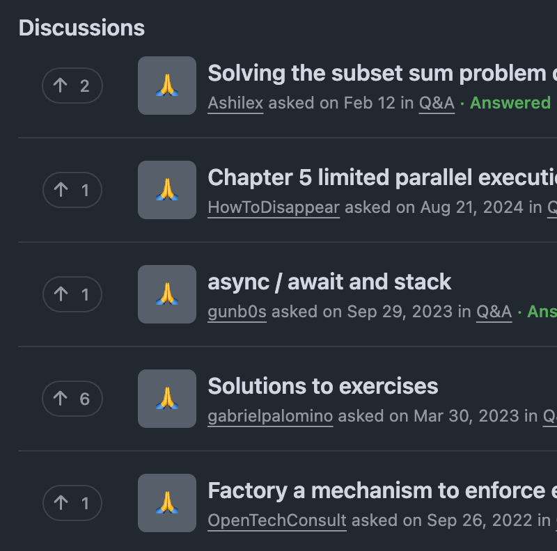 Screenshot of the GitHub Discussions section for the book Node.js Design Patterns, where readers share exercise solutions and discuss common Node.js challenges such as subset sum, process.nextTick, async/await, and encapsulation, with visible upvote counts and answer statuses.